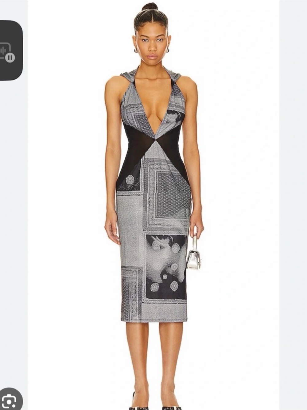 Miaou Black and Gray Patterned V-Neck Midi Dress